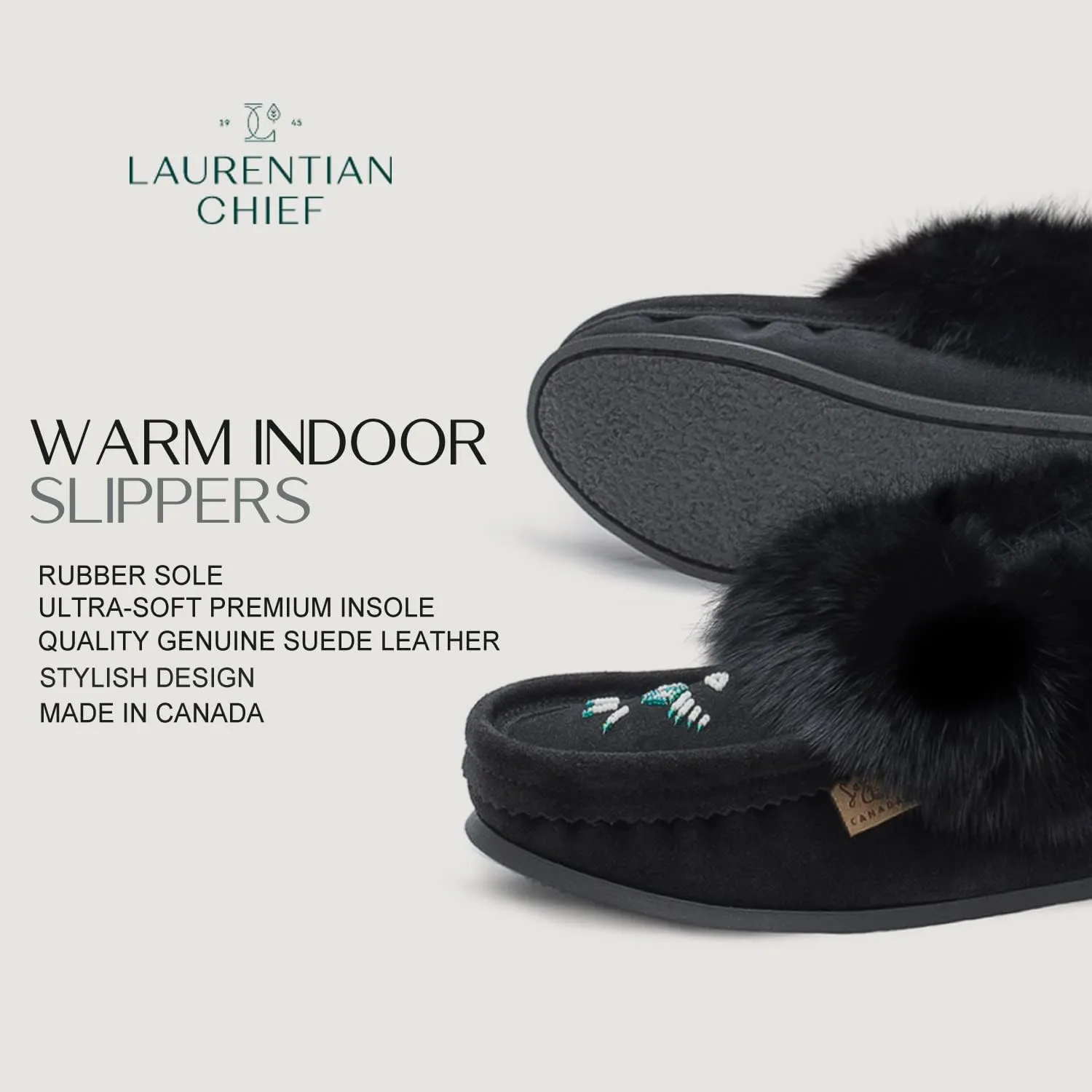 Laurentian Chief Moccasin Slippers for Woman - Orlon Beaded Slippers with Fur Trim and Padded Sole, Comfortable Indoor and Outdoor