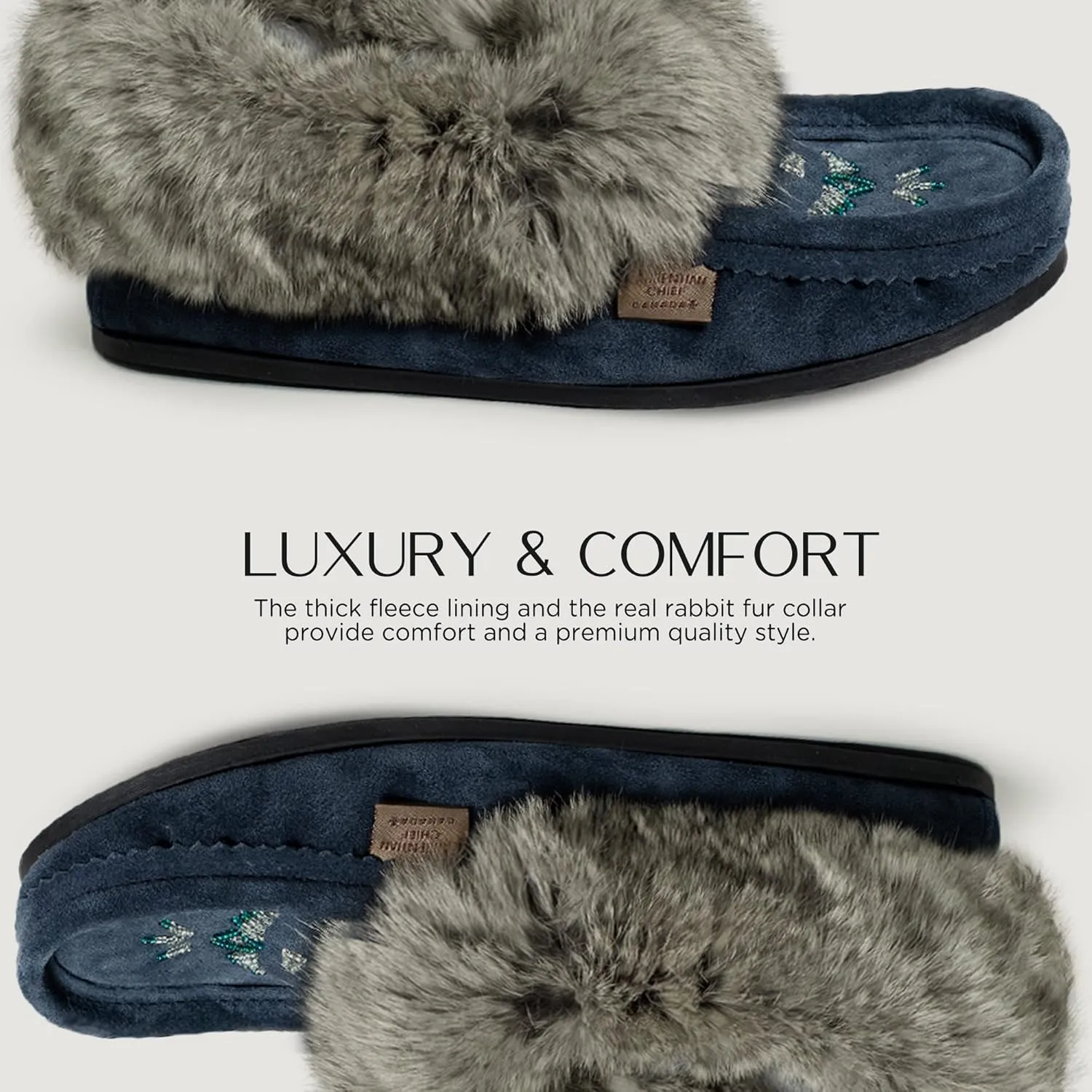 Laurentian Chief Moccasin Slippers for Woman - Orlon Beaded Slippers with Fur Trim and Padded Sole, Comfortable Indoor and Outdoor