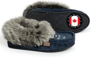 Laurentian Chief Moccasin Slippers for Woman - Orlon Beaded Slippers with Fur Trim and Padded Sole, Comfortable Indoor and Outdoor