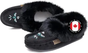Laurentian Chief Moccasin Slippers for Woman - Orlon Beaded Slippers with Fur Trim and Padded Sole, Comfortable Indoor and Outdoor