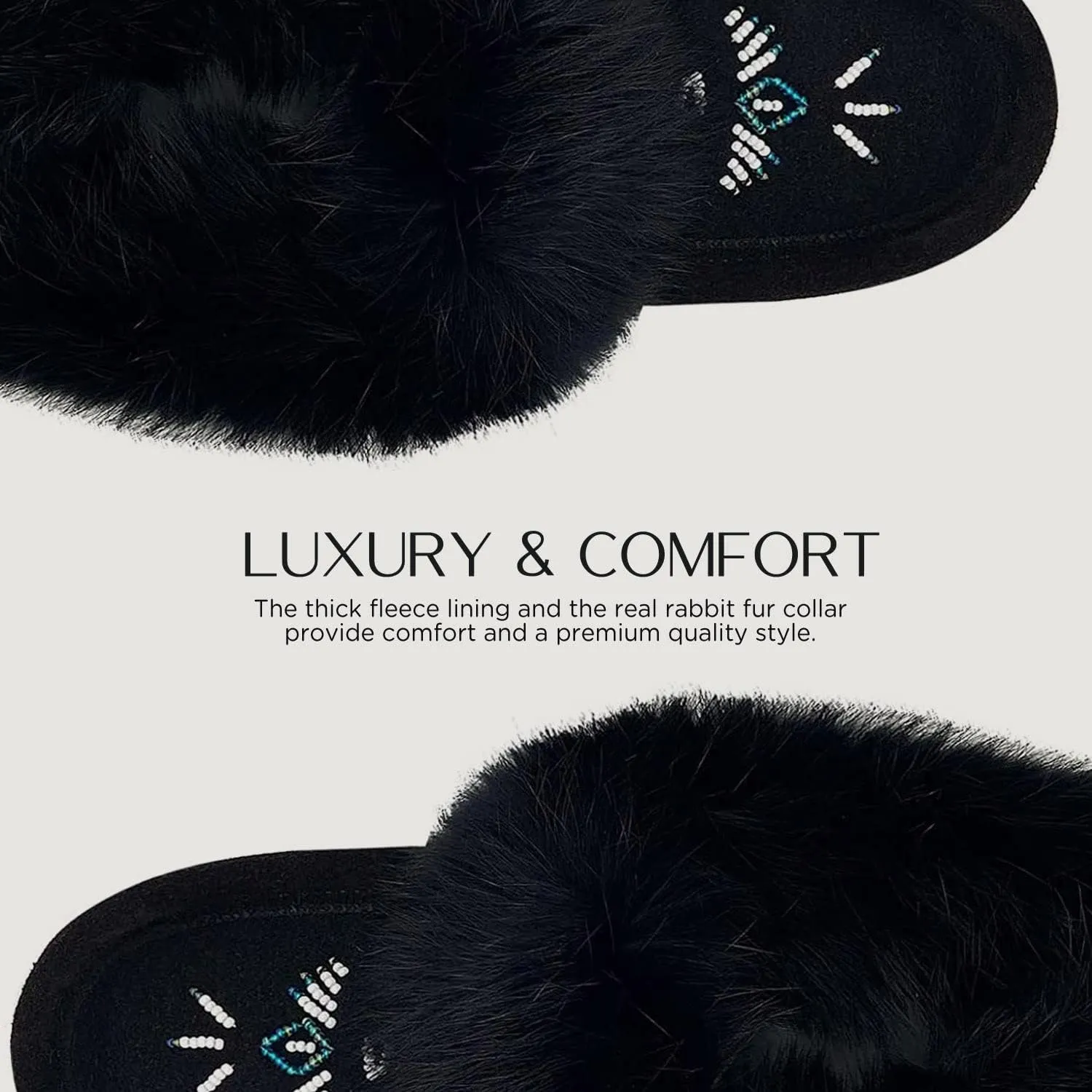 Laurentian Chief Moccasin Slippers for Woman - Orlon Beaded Slippers with Fur Trim and Padded Sole, Comfortable Indoor and Outdoor