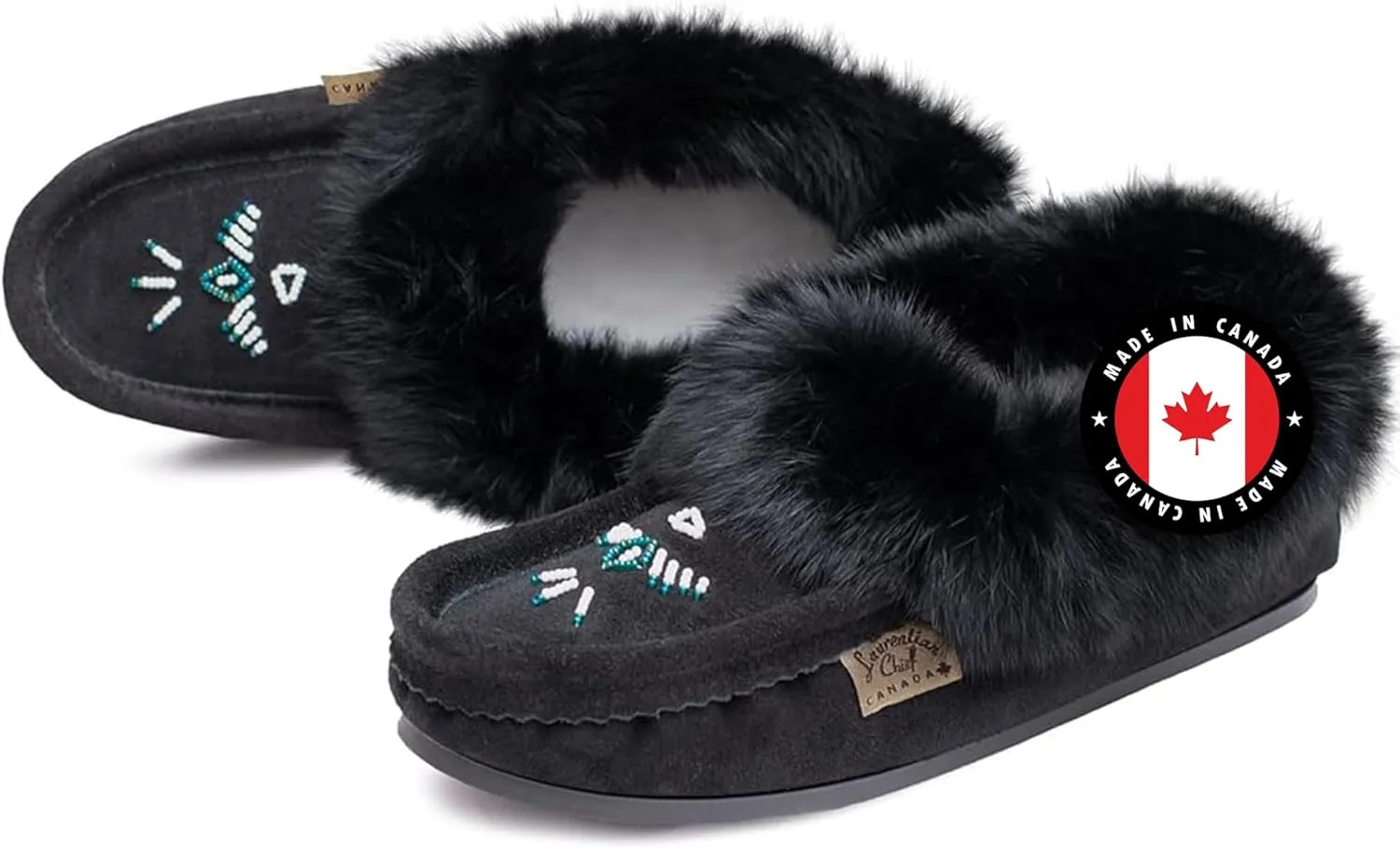 Laurentian Chief Moccasin Slippers for Woman - Orlon Beaded Slippers with Fur Trim and Padded Sole, Comfortable Indoor and Outdoor