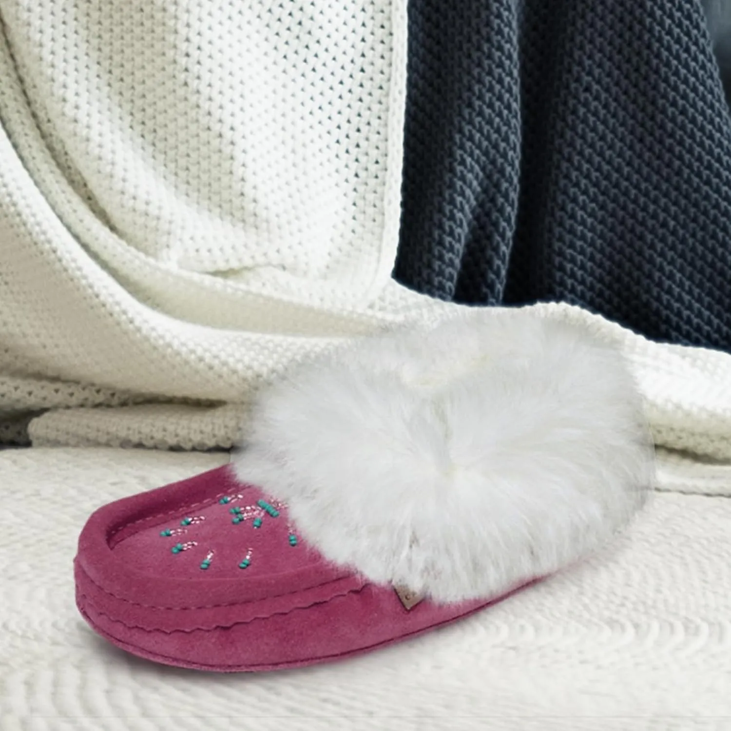 Laurentian Chief Moccasin Slippers for Women – Ladies Comfortable Slippers with Real Rabbit Fur Trim and Soft Faux Lining – Canada Quality Beaded Style Warmie Shoes for House Indoor