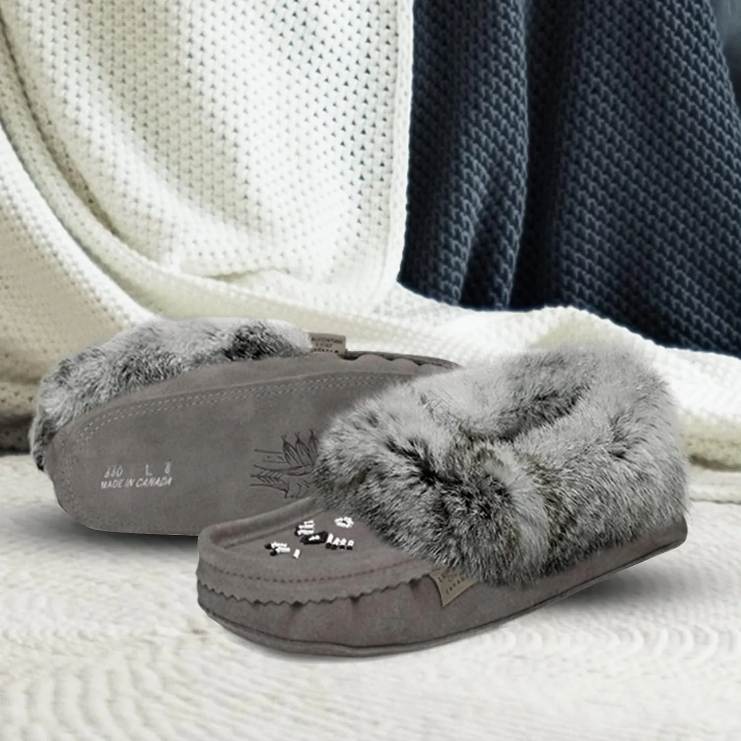 Laurentian Chief Moccasin Slippers for Women – Ladies Comfortable Slippers with Real Rabbit Fur Trim and Soft Faux Lining – Canada Quality Beaded Style Warmie Shoes for House Indoor