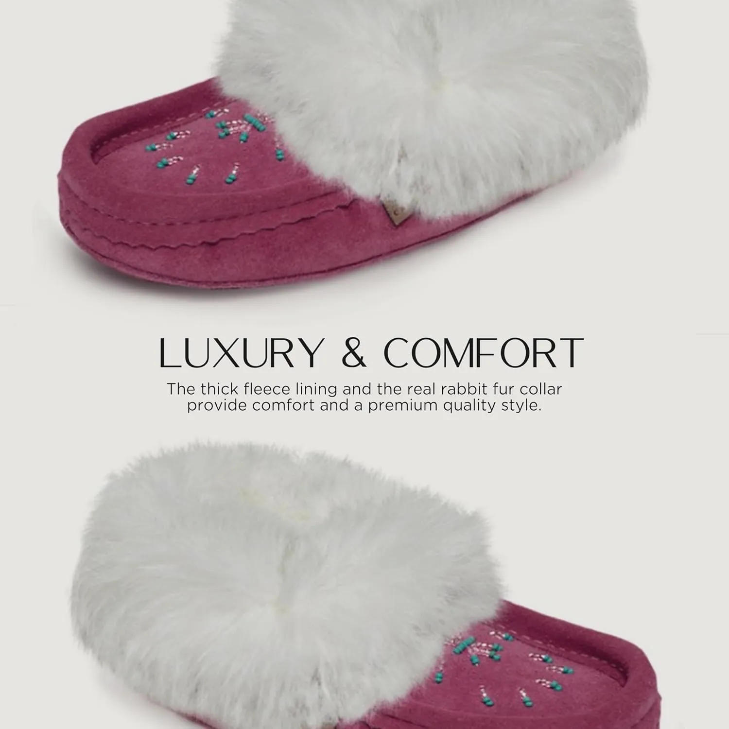 Laurentian Chief Moccasin Slippers for Women – Ladies Comfortable Slippers with Real Rabbit Fur Trim and Soft Faux Lining – Canada Quality Beaded Style Warmie Shoes for House Indoor