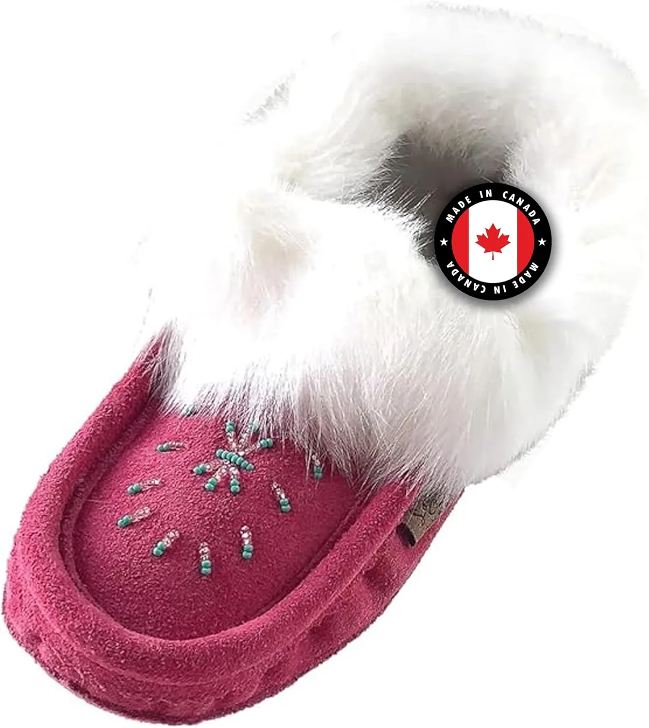 Laurentian Chief Moccasin Slippers for Women – Ladies Comfortable Slippers with Real Rabbit Fur Trim and Soft Faux Lining – Canada Quality Beaded Style Warmie Shoes for House Indoor