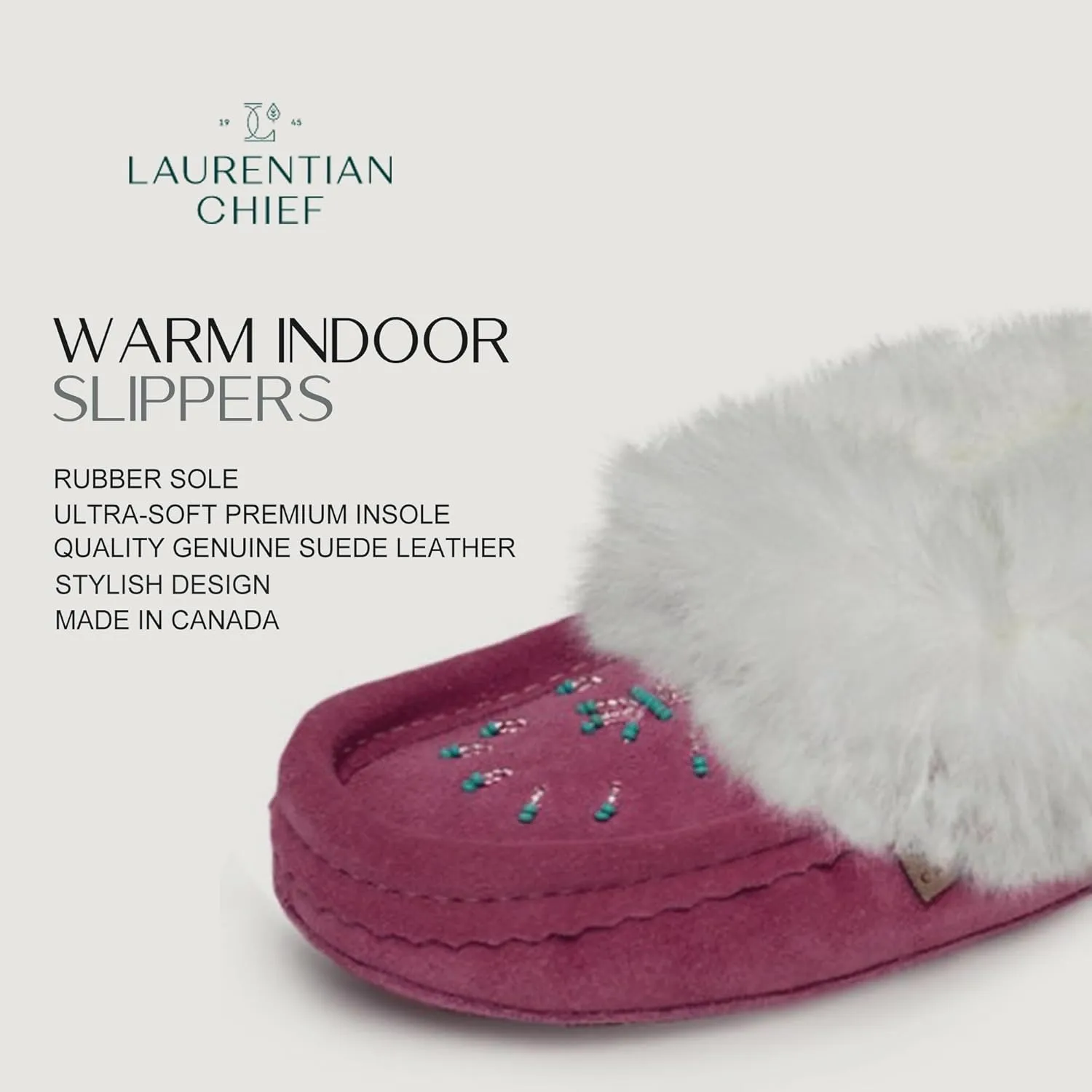 Laurentian Chief Moccasin Slippers for Women – Ladies Comfortable Slippers with Real Rabbit Fur Trim and Soft Faux Lining – Canada Quality Beaded Style Warmie Shoes for House Indoor