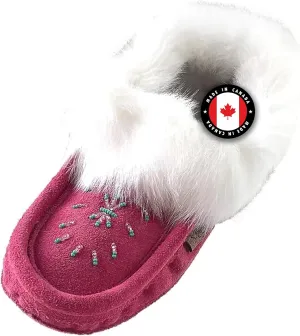 Laurentian Chief Moccasin Slippers for Women – Ladies Comfortable Slippers with Real Rabbit Fur Trim and Soft Faux Lining – Canada Quality Beaded Style Warmie Shoes for House Indoor