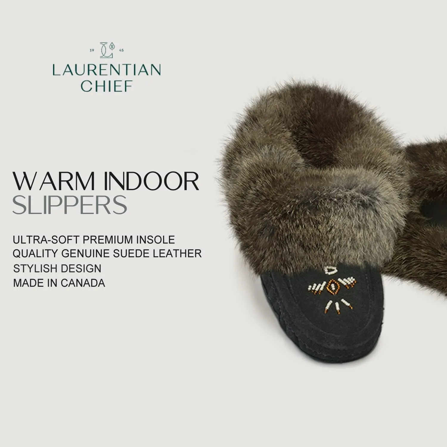 Laurentian Chief Moccasin Slippers for Women – Ladies Comfortable Slippers with Real Rabbit Fur Trim and Soft Faux Lining – Canada Quality Beaded Style Warmie Shoes for House Indoor