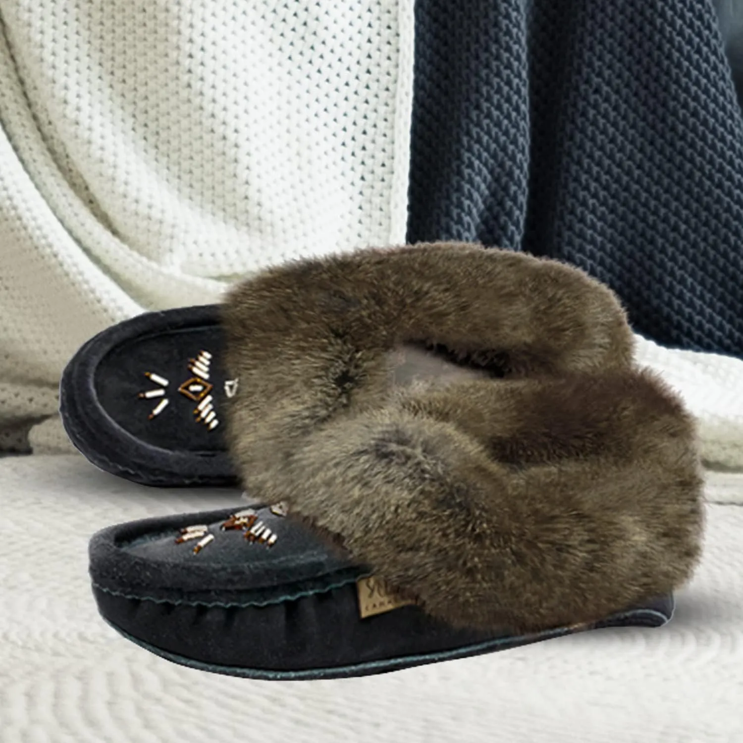 Laurentian Chief Moccasin Slippers for Women – Ladies Comfortable Slippers with Real Rabbit Fur Trim and Soft Faux Lining – Canada Quality Beaded Style Warmie Shoes for House Indoor