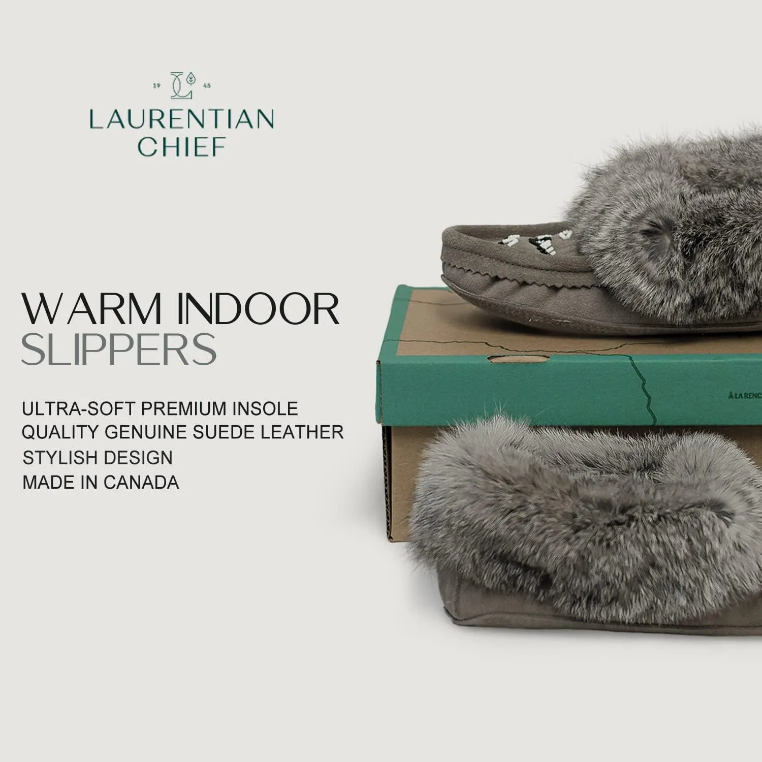 Laurentian Chief Moccasin Slippers for Women – Ladies Comfortable Slippers with Real Rabbit Fur Trim and Soft Faux Lining – Canada Quality Beaded Style Warmie Shoes for House Indoor
