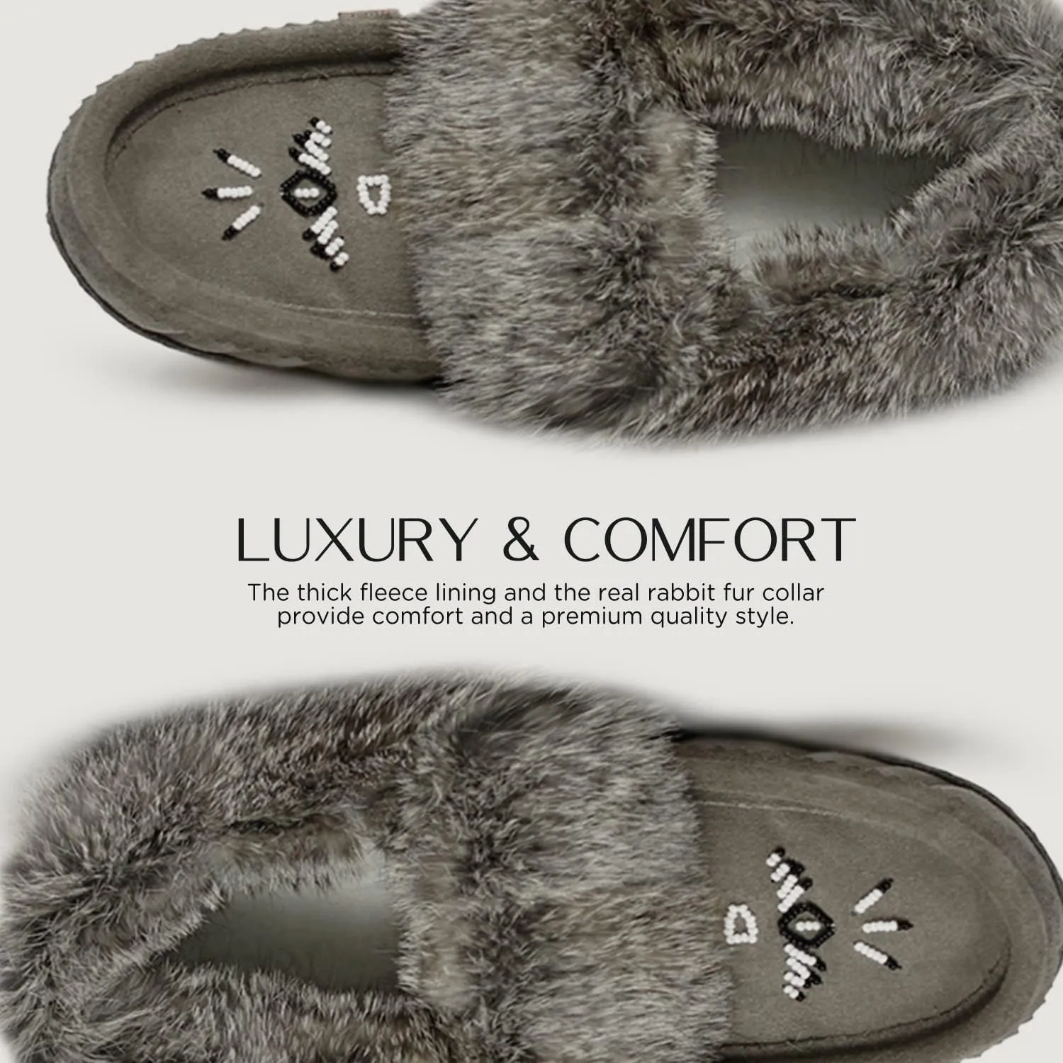Laurentian Chief Moccasin Slippers for Women – Ladies Comfortable Slippers with Real Rabbit Fur Trim and Soft Faux Lining – Canada Quality Beaded Style Warmie Shoes for House Indoor
