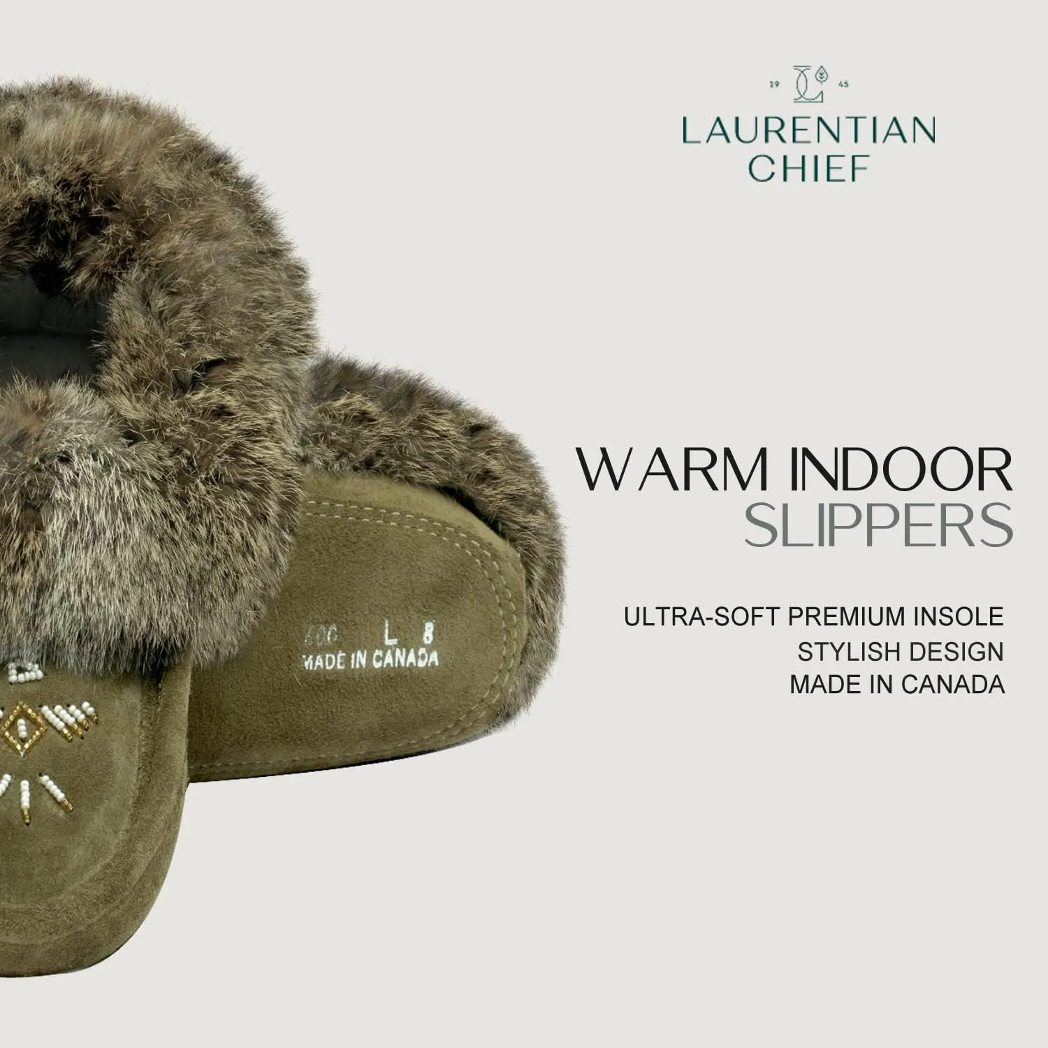 Laurentian Chief Moccasin Slippers for Women – Ladies Comfortable Slippers with Real Rabbit Fur Trim and Soft Faux Lining – Canada Quality Beaded Style Warmie Shoes for House Indoor