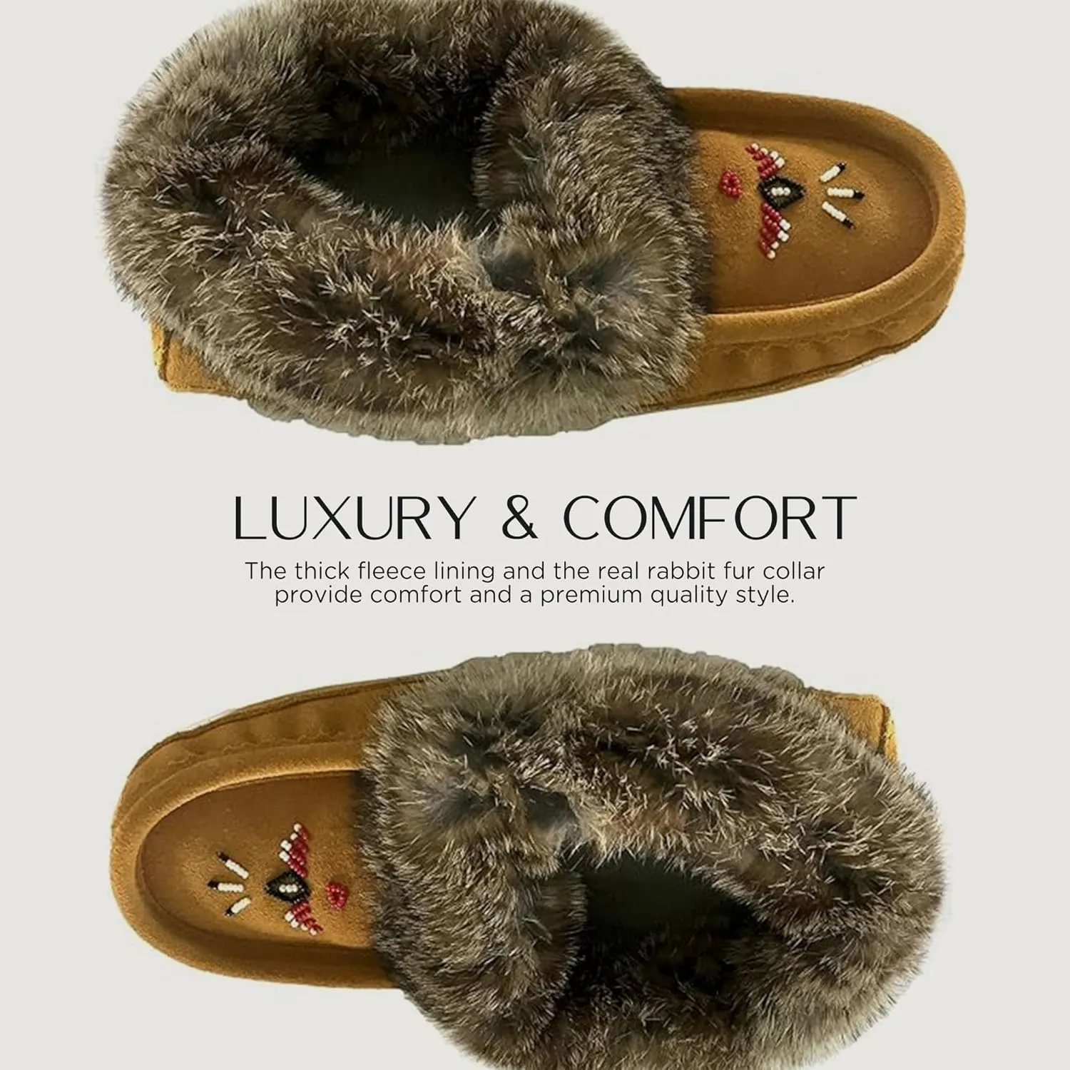 Laurentian Chief Moccasin Slippers for Women – Ladies Comfortable Slippers with Real Rabbit Fur Trim and Soft Faux Lining – Canada Quality Beaded Style Warmie Shoes for House Indoor