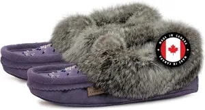 Laurentian Chief Moccasin Slippers for Women – Ladies Comfortable Slippers with Real Rabbit Fur Trim and Soft Faux Lining – Canada Quality Beaded Style Warmie Shoes for House Indoor