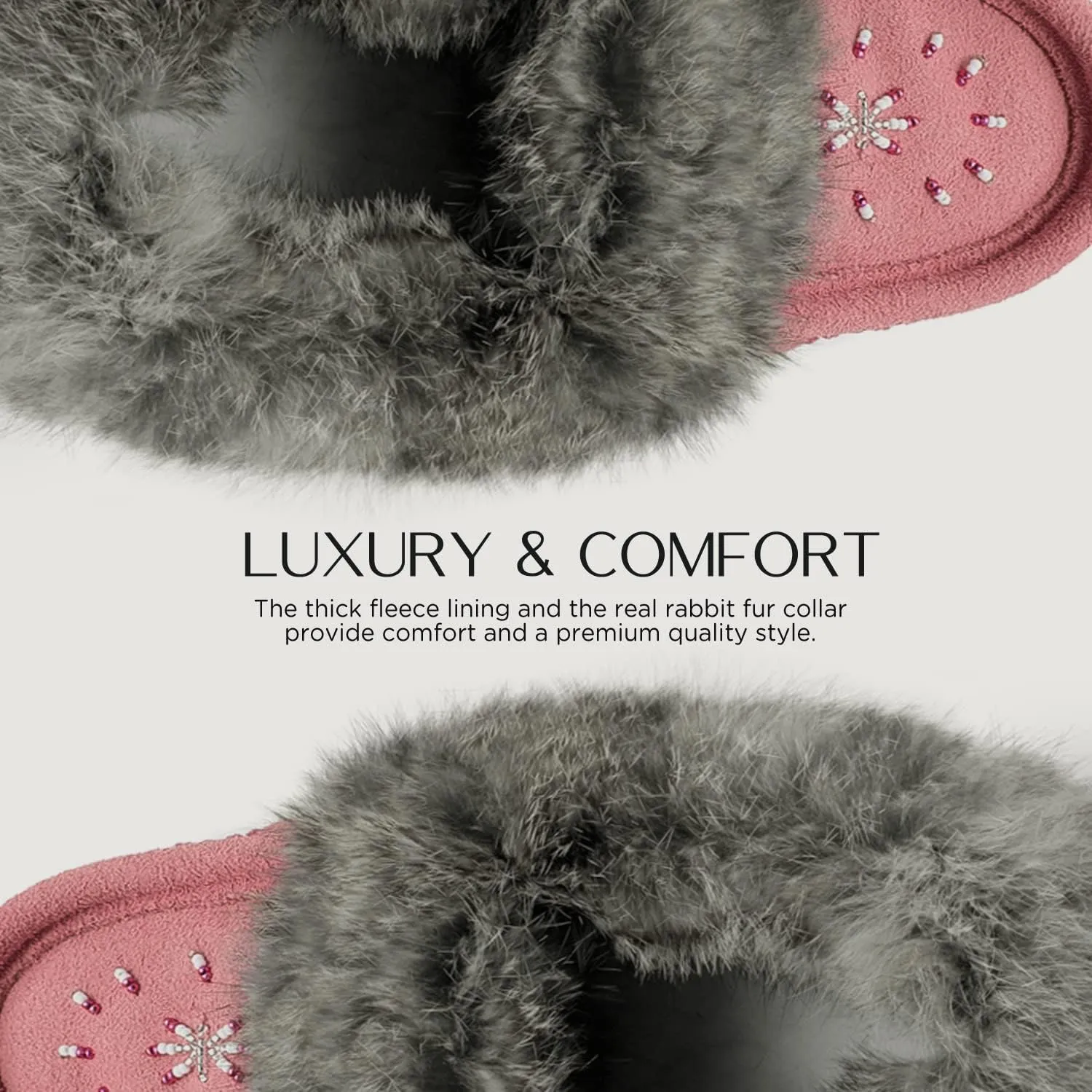 Laurentian Chief Moccasin Slippers for Women – Ladies Comfortable Slippers with Real Rabbit Fur Trim and Soft Faux Lining – Canada Quality Beaded Style Warmie Shoes for House Indoor