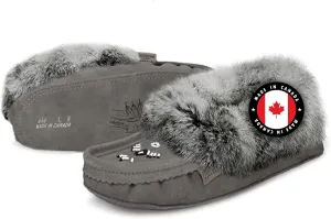 Laurentian Chief Moccasin Slippers for Women – Ladies Comfortable Slippers with Real Rabbit Fur Trim and Soft Faux Lining – Canada Quality Beaded Style Warmie Shoes for House Indoor