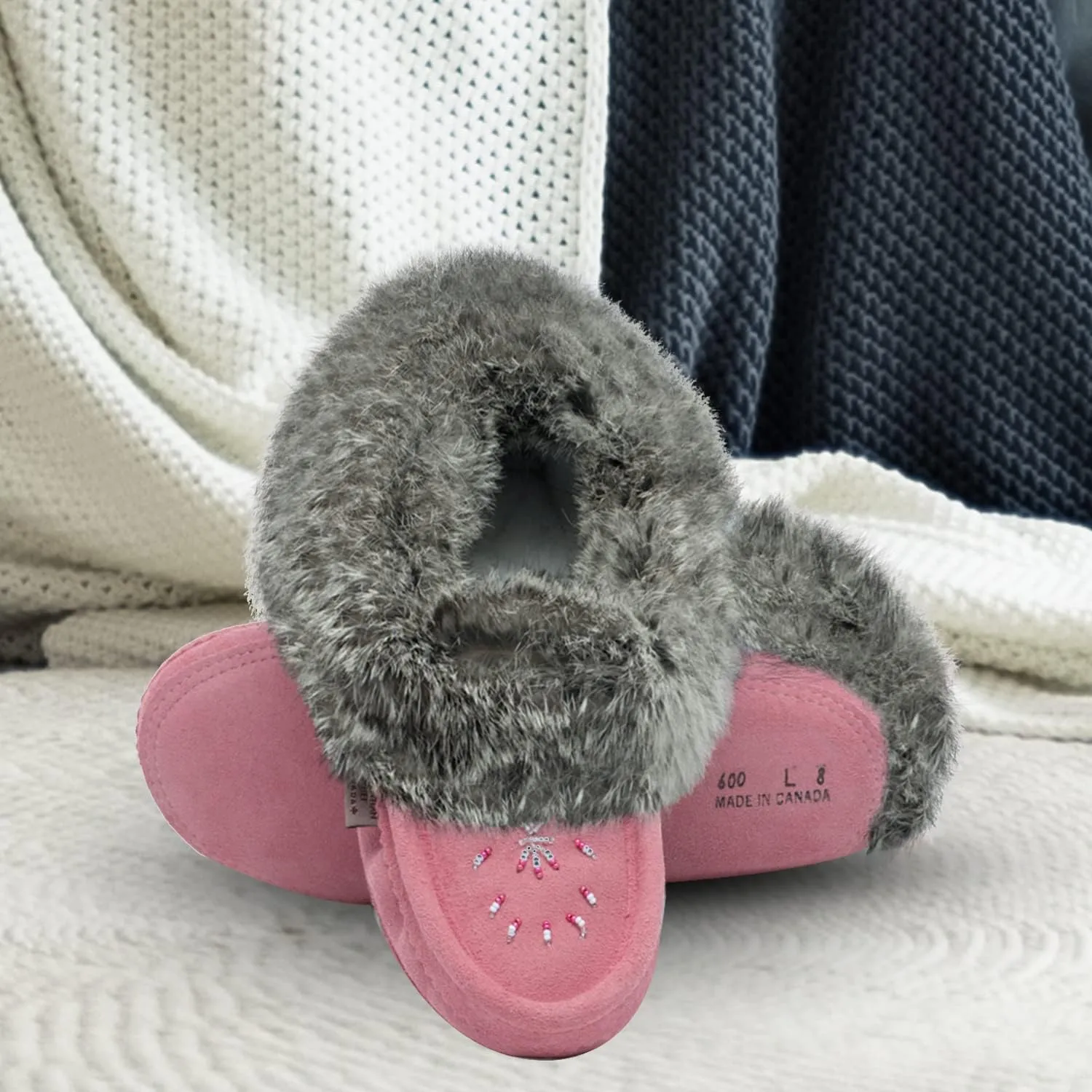 Laurentian Chief Moccasin Slippers for Women – Ladies Comfortable Slippers with Real Rabbit Fur Trim and Soft Faux Lining – Canada Quality Beaded Style Warmie Shoes for House Indoor