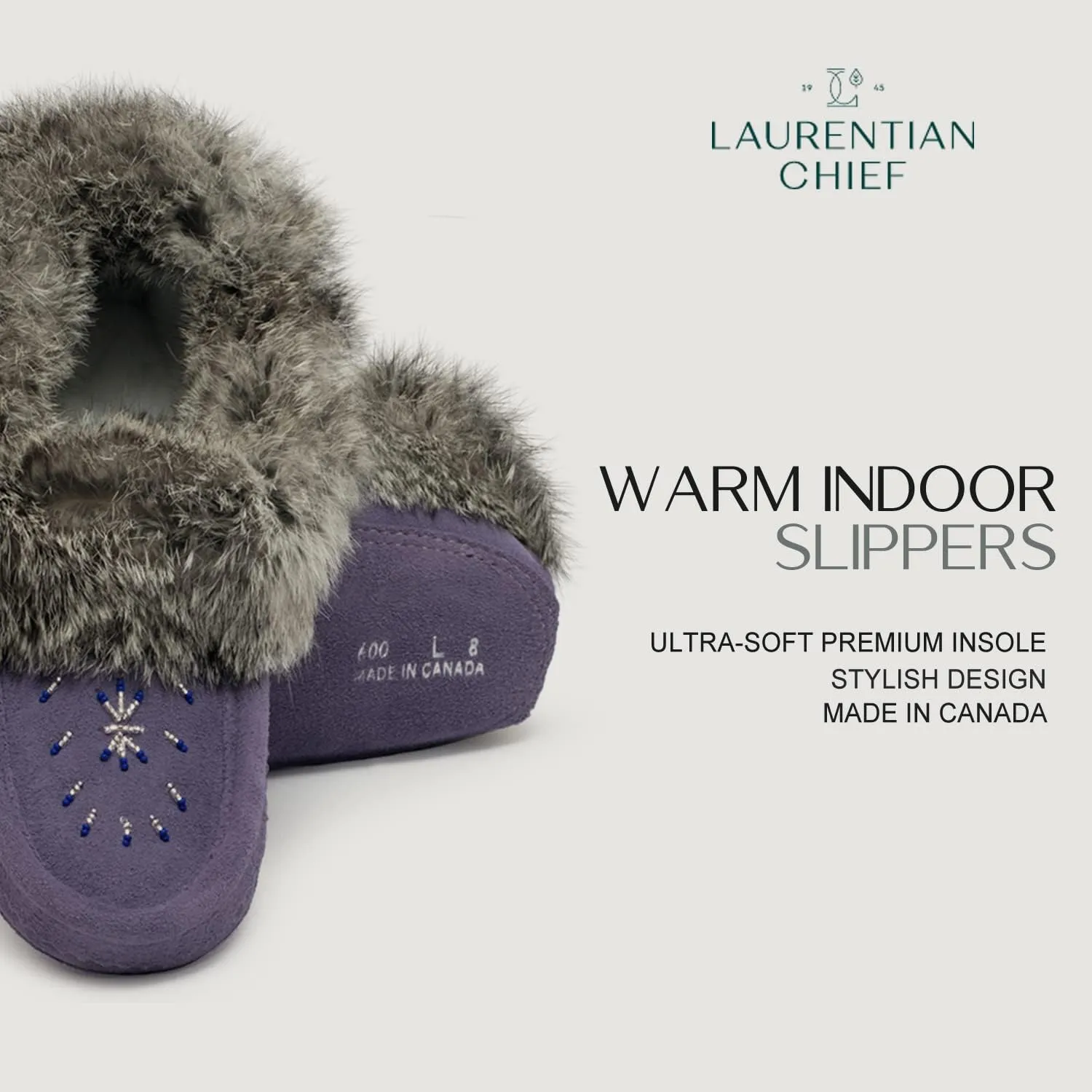 Laurentian Chief Moccasin Slippers for Women – Ladies Comfortable Slippers with Real Rabbit Fur Trim and Soft Faux Lining – Canada Quality Beaded Style Warmie Shoes for House Indoor
