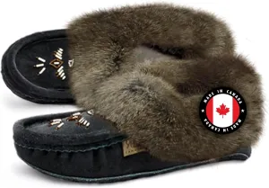 Laurentian Chief Moccasin Slippers for Women – Ladies Comfortable Slippers with Real Rabbit Fur Trim and Soft Faux Lining – Canada Quality Beaded Style Warmie Shoes for House Indoor