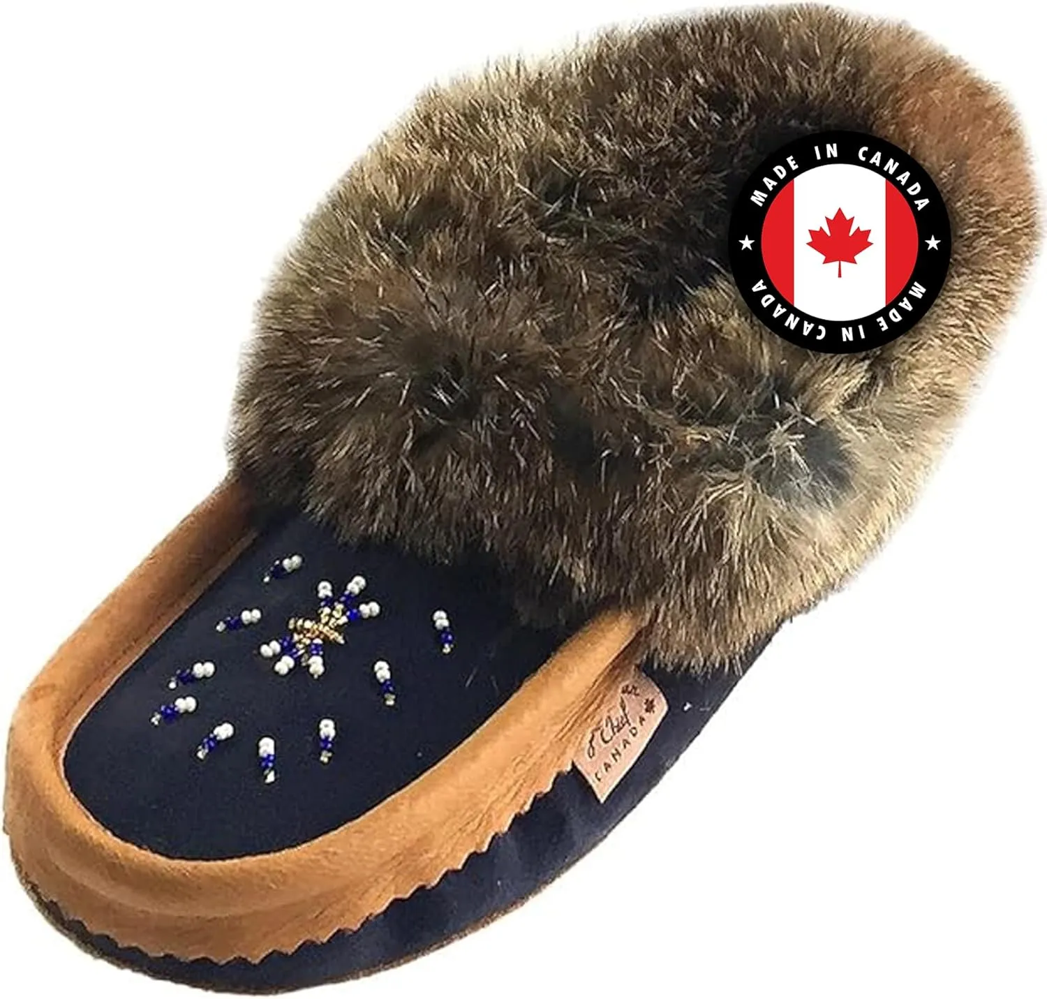 Laurentian Chief Moccasin Slippers for Women – Ladies Comfortable Slippers with Real Rabbit Fur Trim and Soft Faux Lining – Canada Quality Beaded Style Warmie Shoes for House Indoor