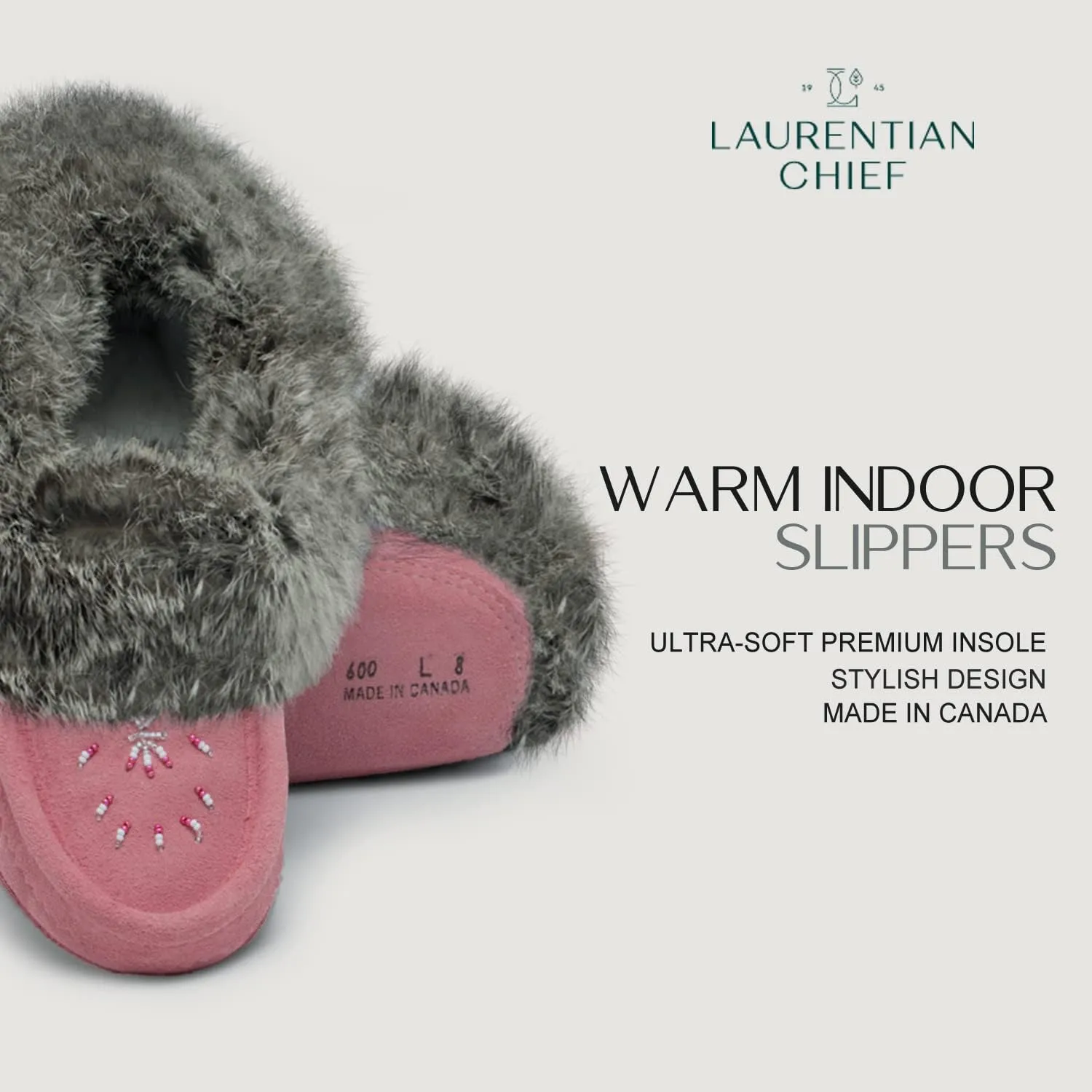 Laurentian Chief Moccasin Slippers for Women – Ladies Comfortable Slippers with Real Rabbit Fur Trim and Soft Faux Lining – Canada Quality Beaded Style Warmie Shoes for House Indoor