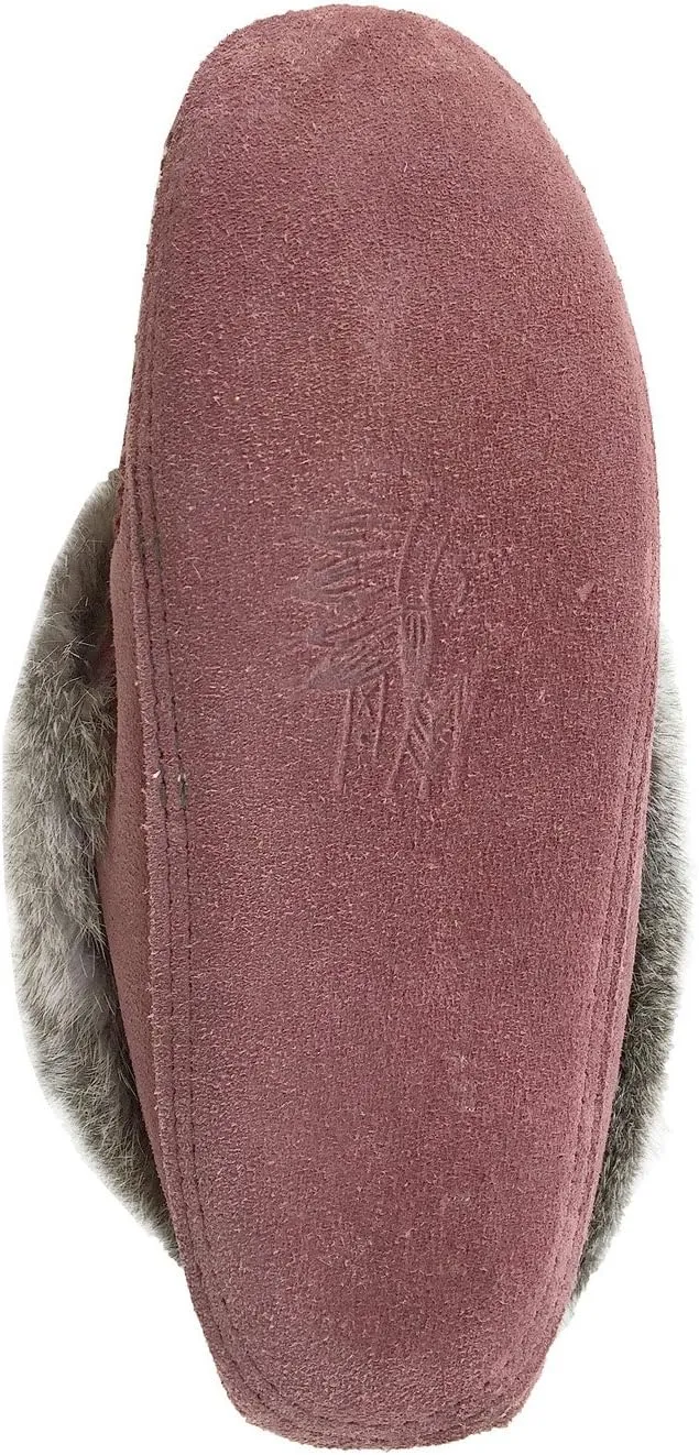 Laurentian Chief Women's Suede Slippers Rabbit Fur Collar Soft Sole Moccasins