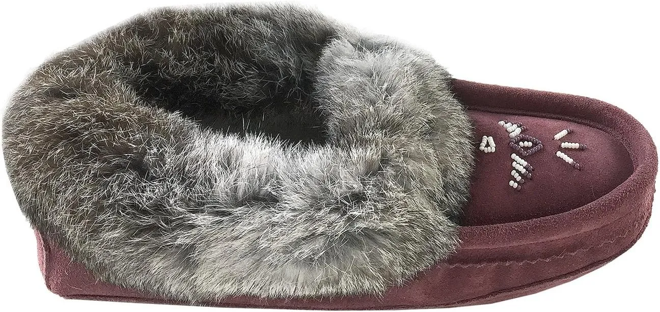 Laurentian Chief Women's Suede Slippers Rabbit Fur Collar Soft Sole Moccasins