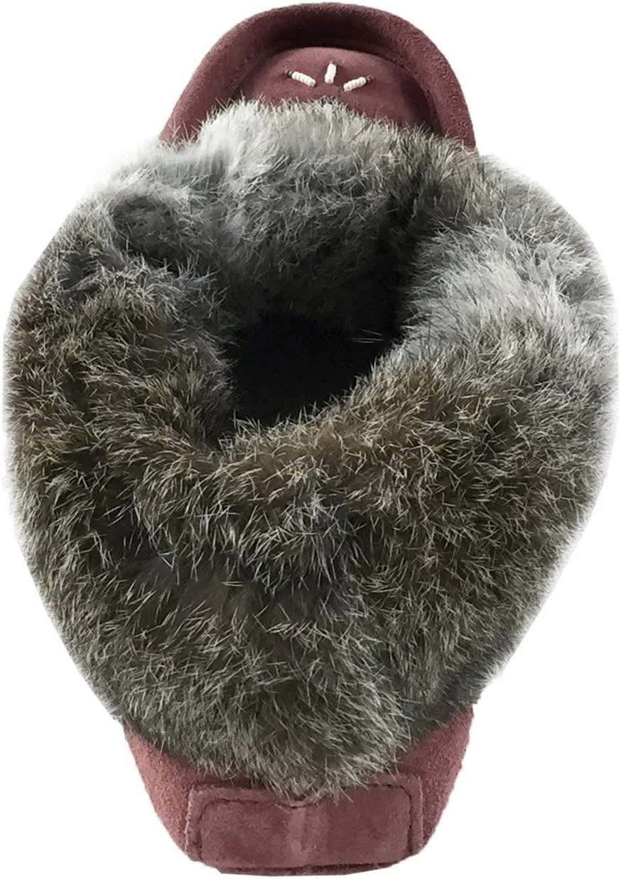 Laurentian Chief Women's Suede Slippers Rabbit Fur Collar Soft Sole Moccasins