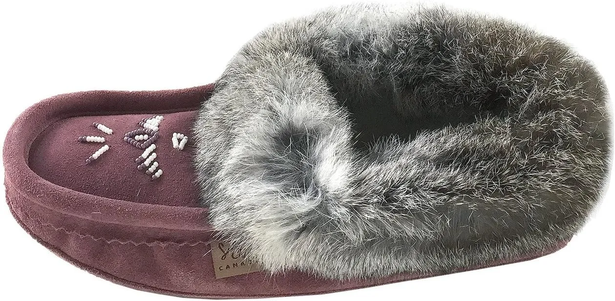 Laurentian Chief Women's Suede Slippers Rabbit Fur Collar Soft Sole Moccasins