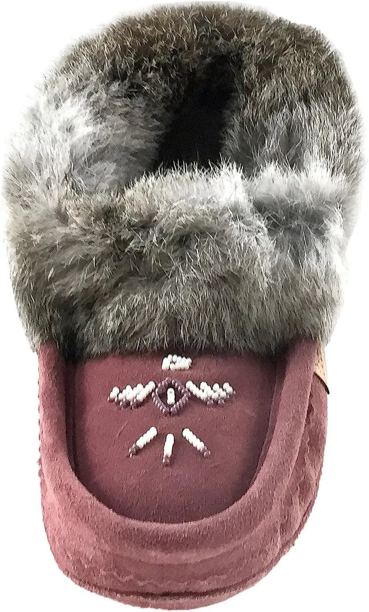 Laurentian Chief Women's Suede Slippers Rabbit Fur Collar Soft Sole Moccasins