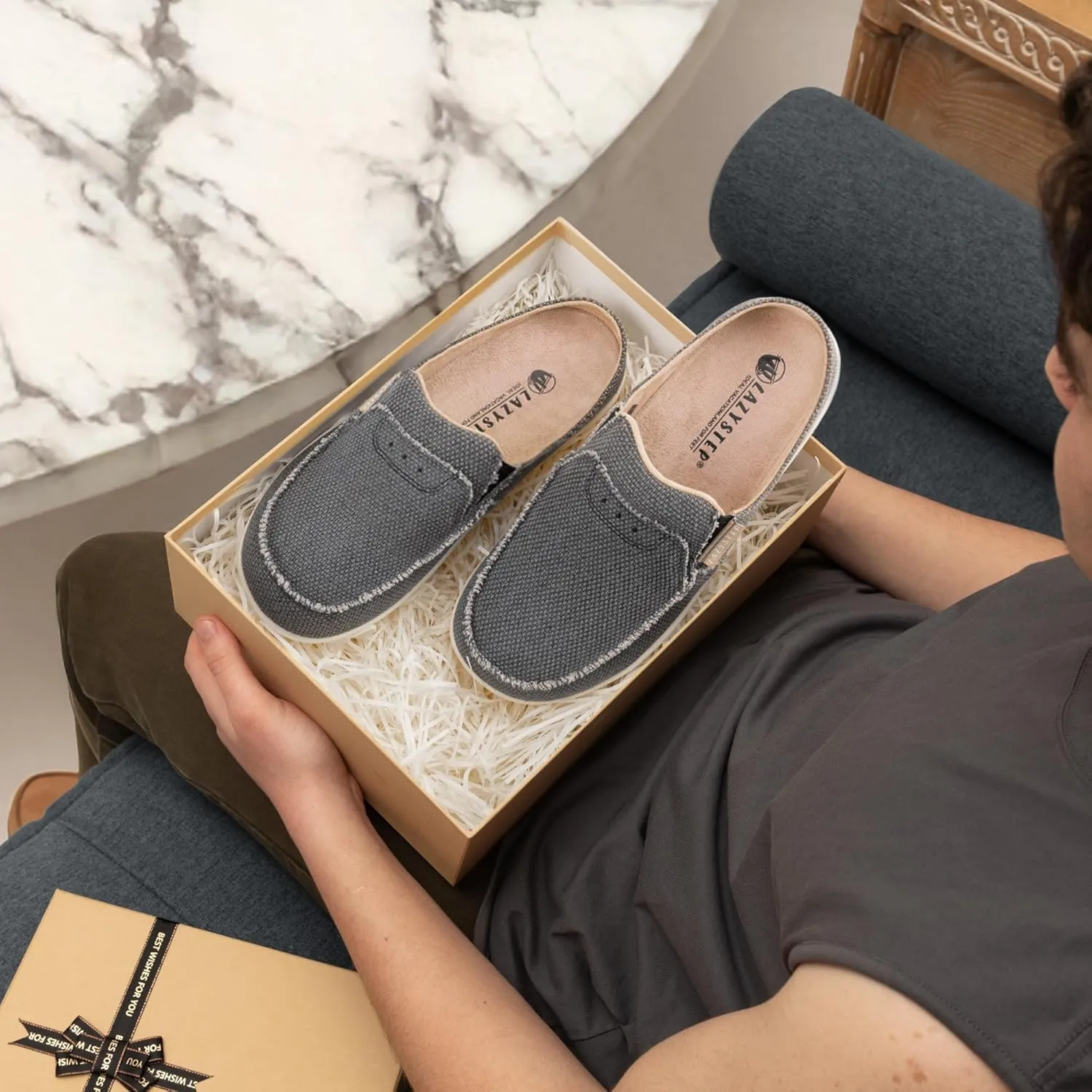 LazyStep Men's Orthopedic Slippers with Arch Support, Slip on Indoor Outdoor House Shoes