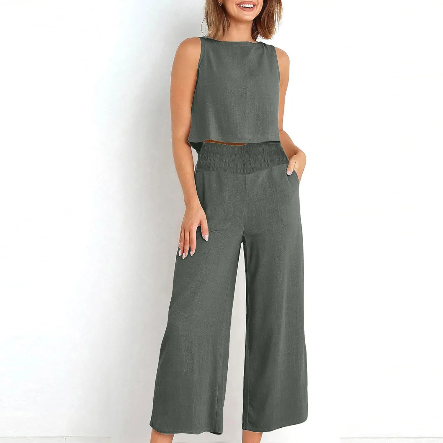 Linen Two Piece Sets For Women Summer 2024 Casual Sleeveless Crop Top & High Waist Wide Leg Matching Lounge Set Outfits