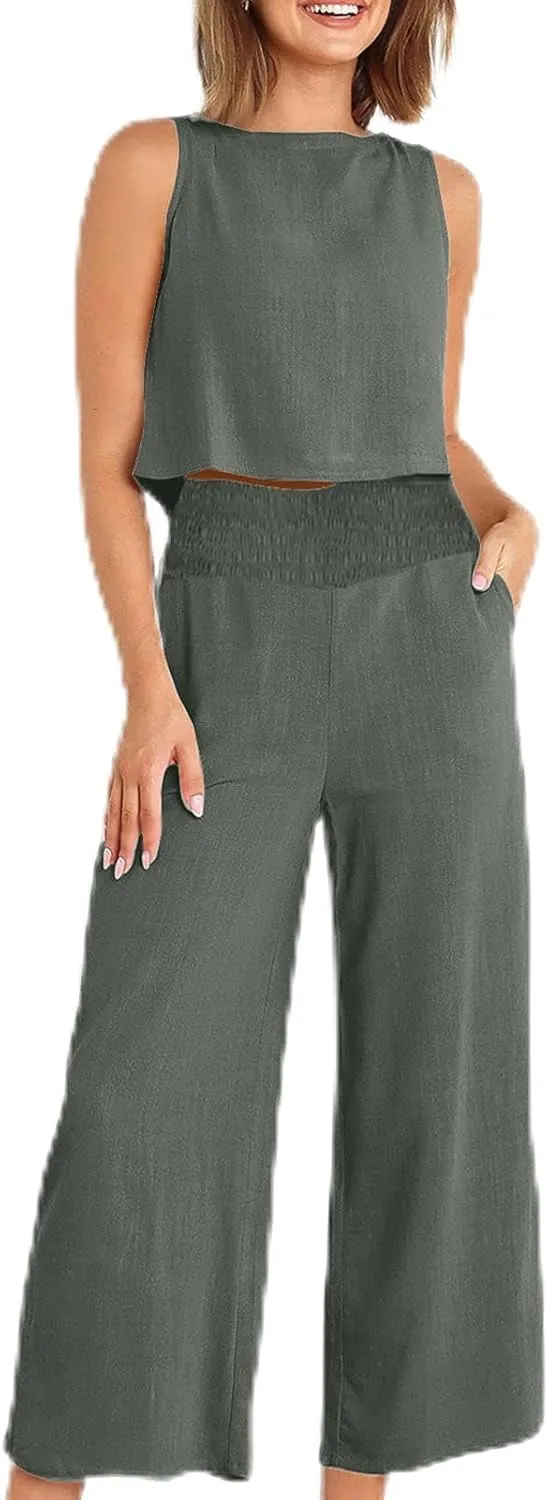 Linen Two Piece Sets For Women Summer 2024 Casual Sleeveless Crop Top & High Waist Wide Leg Matching Lounge Set Outfits