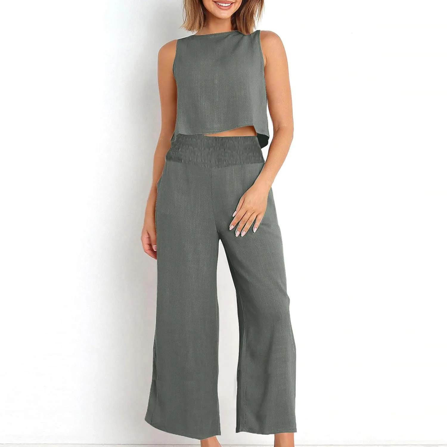 Linen Two Piece Sets For Women Summer 2024 Casual Sleeveless Crop Top & High Waist Wide Leg Matching Lounge Set Outfits