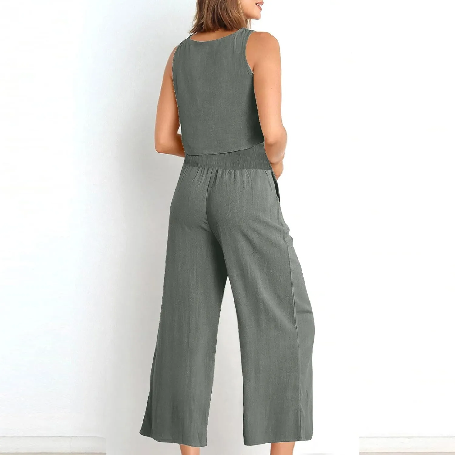 Linen Two Piece Sets For Women Summer 2024 Casual Sleeveless Crop Top & High Waist Wide Leg Matching Lounge Set Outfits