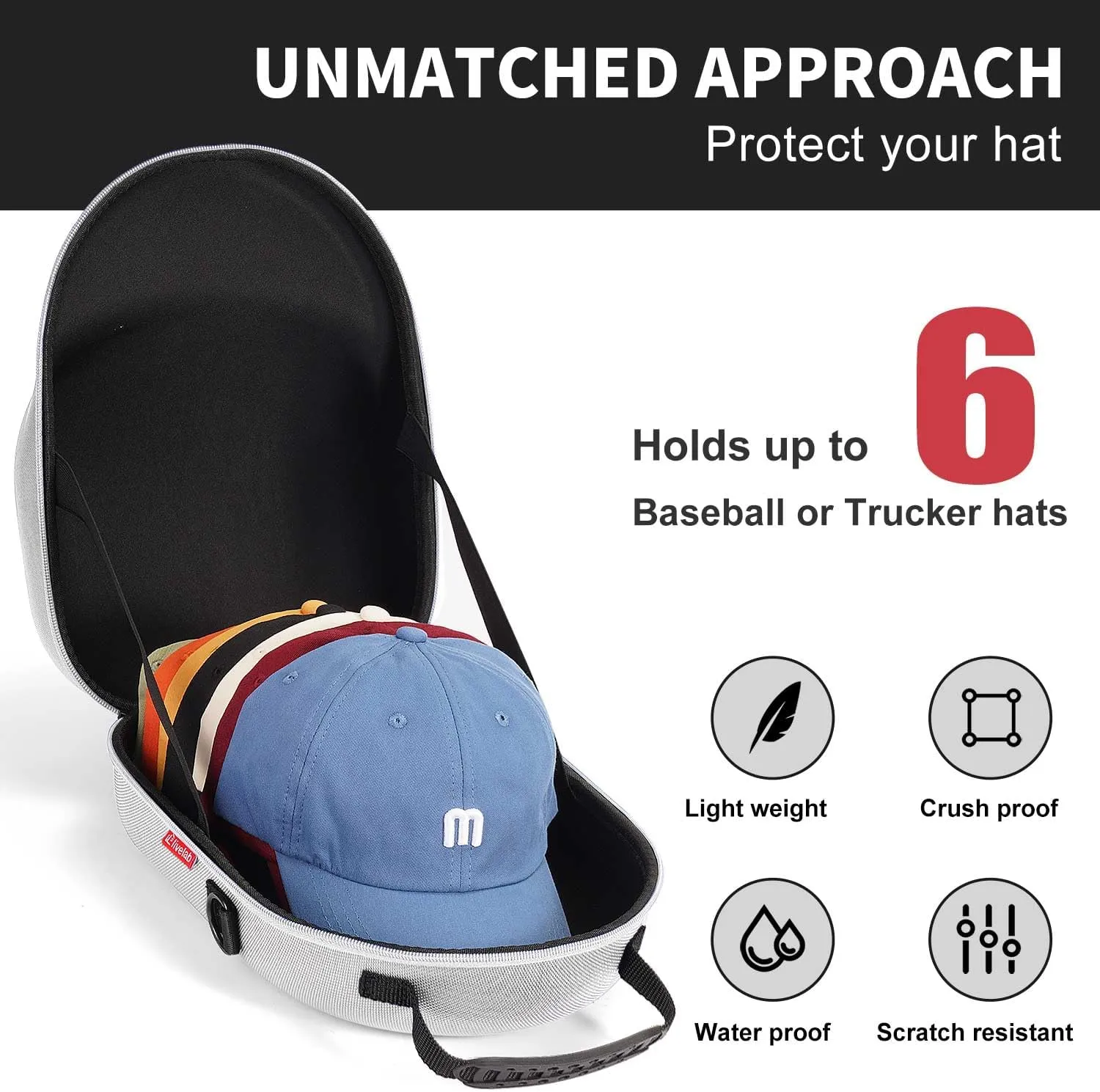 Livelab Hat Travel Case, Hard Hat Case for Baseball Caps, Hat Storage for Travel with Carrying Handle & Shoulder Strap, Hat Organizer Protects Up to 6 Hats - Grey
