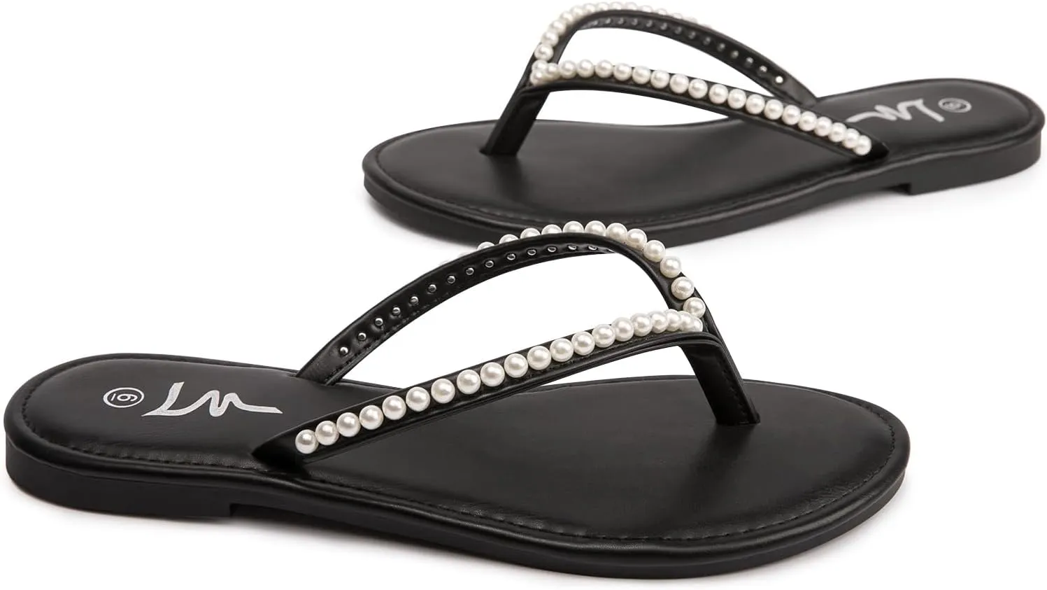 LM Women's Pearls Strappy Flat Sandals Thong Sandals Flip Flop Slip On Slide Sandals for Women Dressy Summer