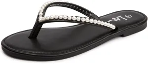LM Women's Pearls Strappy Flat Sandals Thong Sandals Flip Flop Slip On Slide Sandals for Women Dressy Summer