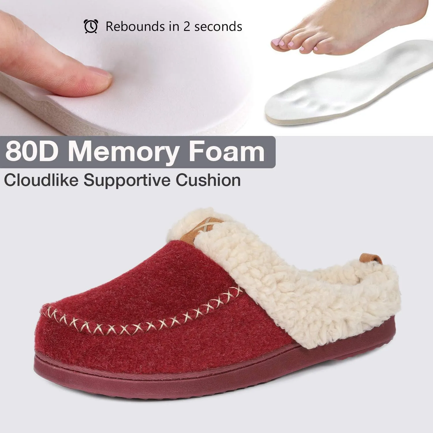 LongBay Womens Felt Sherpa Bedroom Slippers Warm Cozy Wool-Like Moccasin Slippers for Indoor Outdoor Winter Memory Foam House Shoes Slip-On with Fuzzy Plush Lining