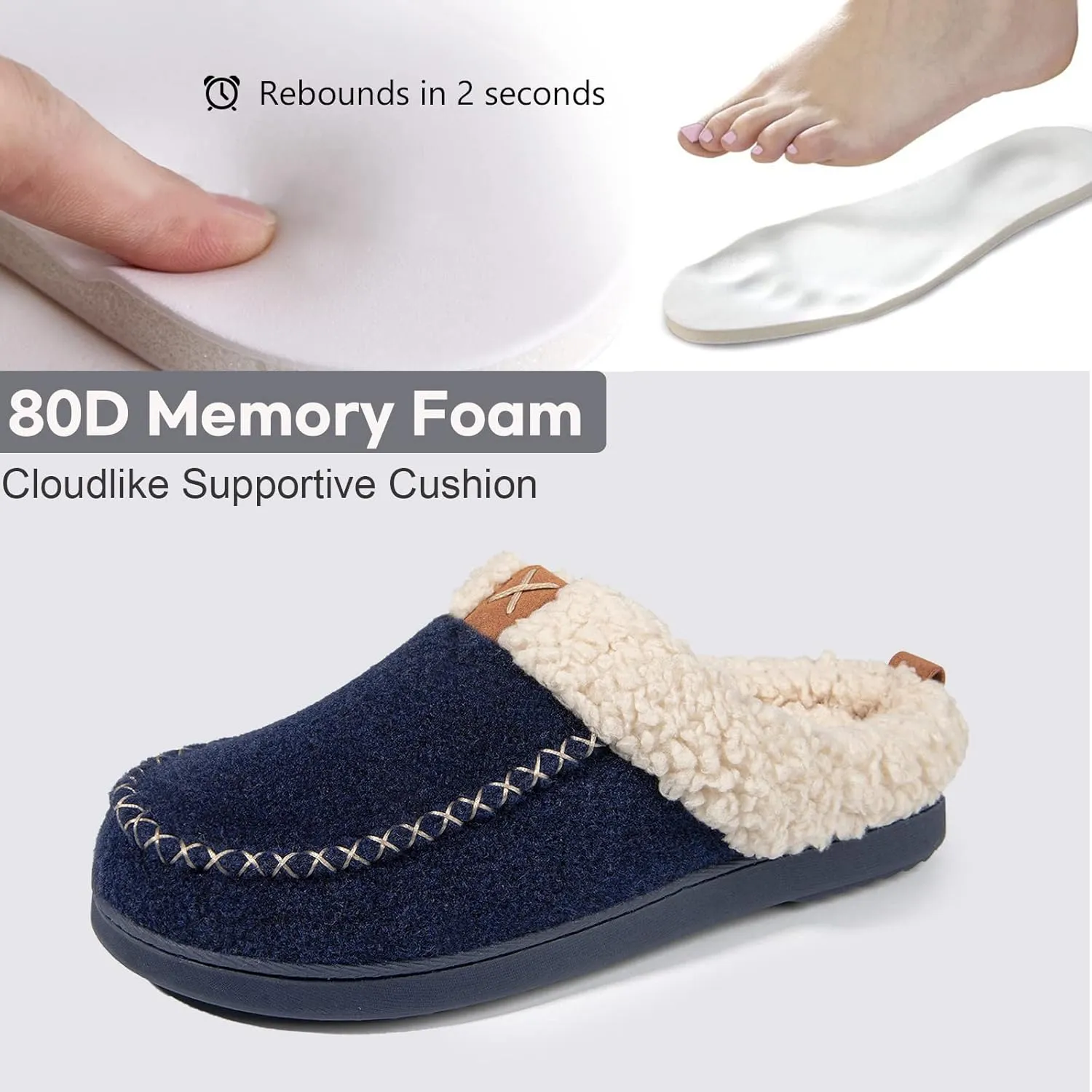 LongBay Womens Felt Sherpa Bedroom Slippers Warm Cozy Wool-Like Moccasin Slippers for Indoor Outdoor Winter Memory Foam House Shoes Slip-On with Fuzzy Plush Lining