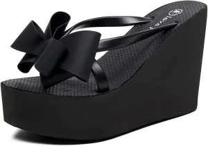 Lossarye Women's Bow Platform Wedge Flip Flops Summer Anti-Slip Comfortable Cute High Heel Slide Sandals Beach Thong Sandals