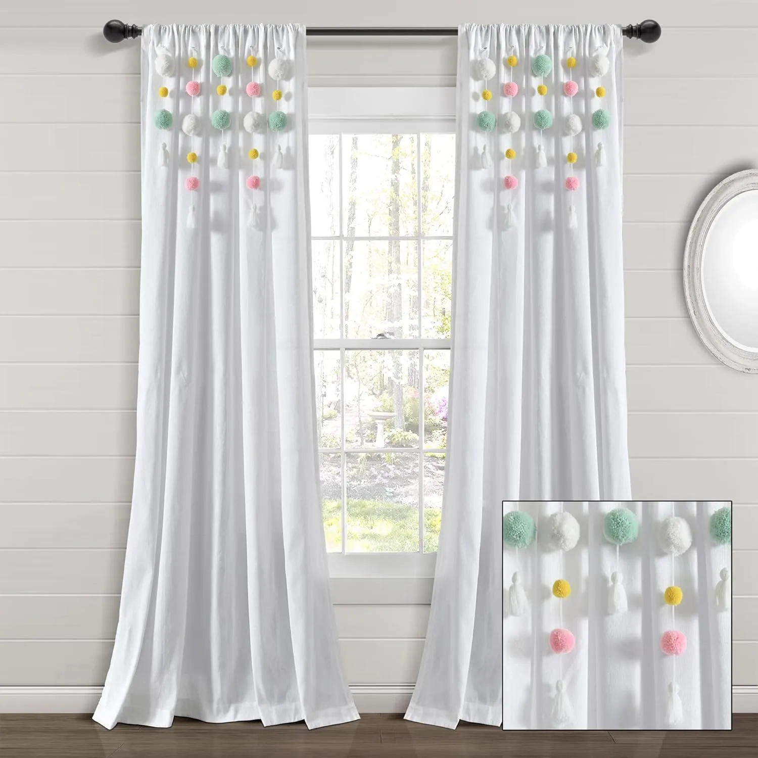 Lush Decor Boho Pom Pom Tassel Linen Window Curtain Panel (Single Panel), 84" L x 52" W, Aqua & Pin