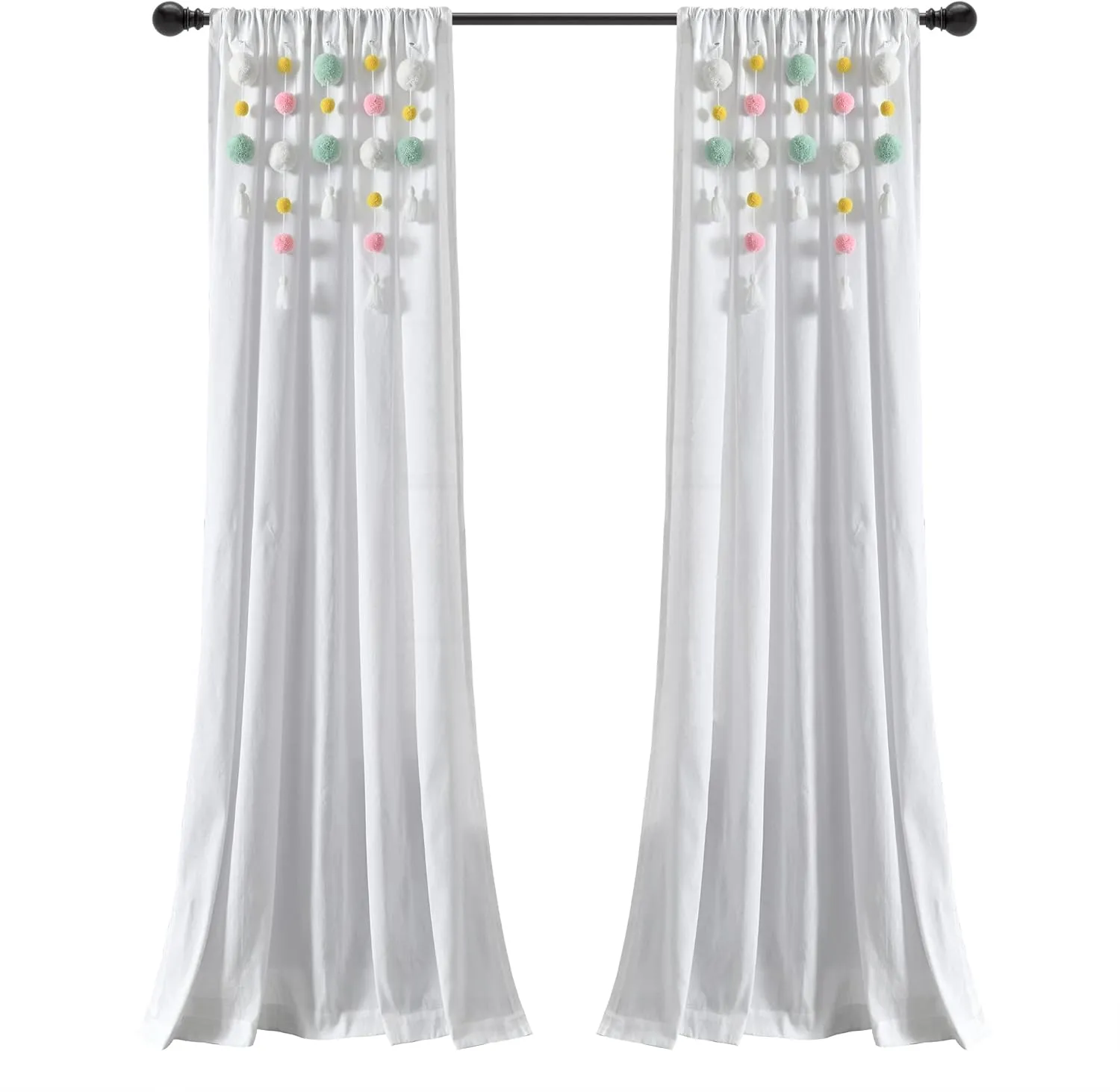 Lush Decor Boho Pom Pom Tassel Linen Window Curtain Panel (Single Panel), 84" L x 52" W, Aqua & Pin