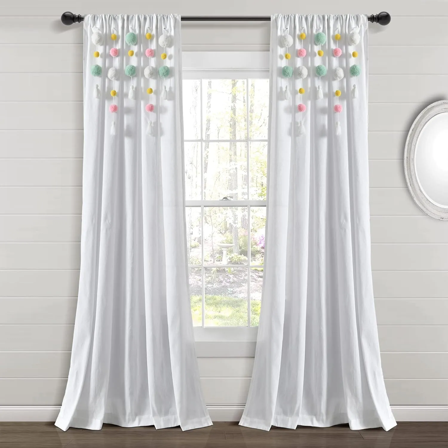 Lush Decor Boho Pom Pom Tassel Linen Window Curtain Panel (Single Panel), 84" L x 52" W, Aqua & Pin