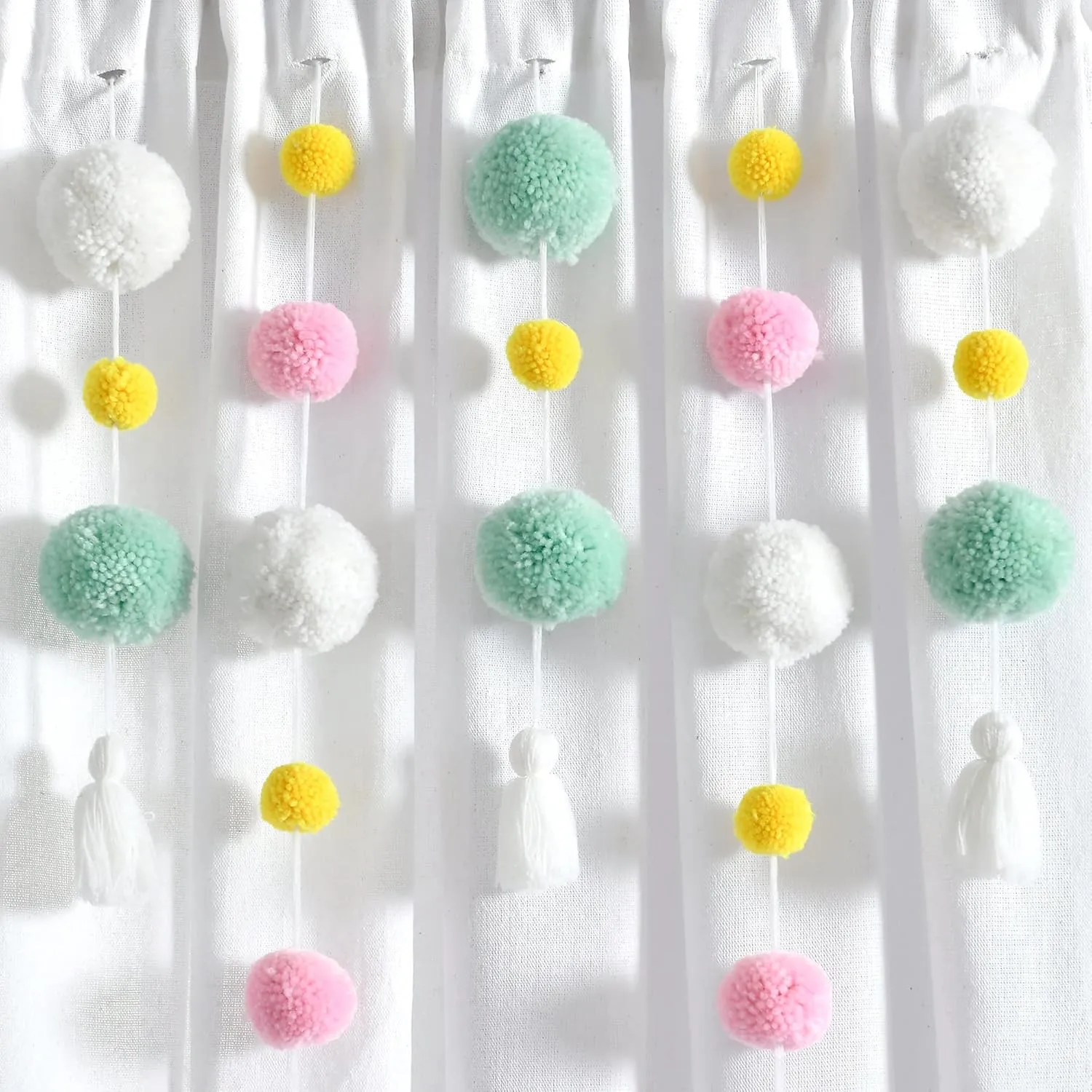 Lush Decor Boho Pom Pom Tassel Linen Window Curtain Panel (Single Panel), 84" L x 52" W, Aqua & Pin