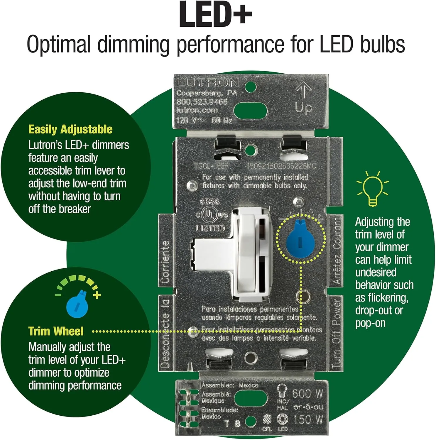 Lutron Ariadni/Toggler LED  Dimmer Switch for Dimmable LED, Halogen and Incandescent Bulbs, 150 Watt, Single-Pole or 3-Way, AYCL-153P-LA, Light Almond