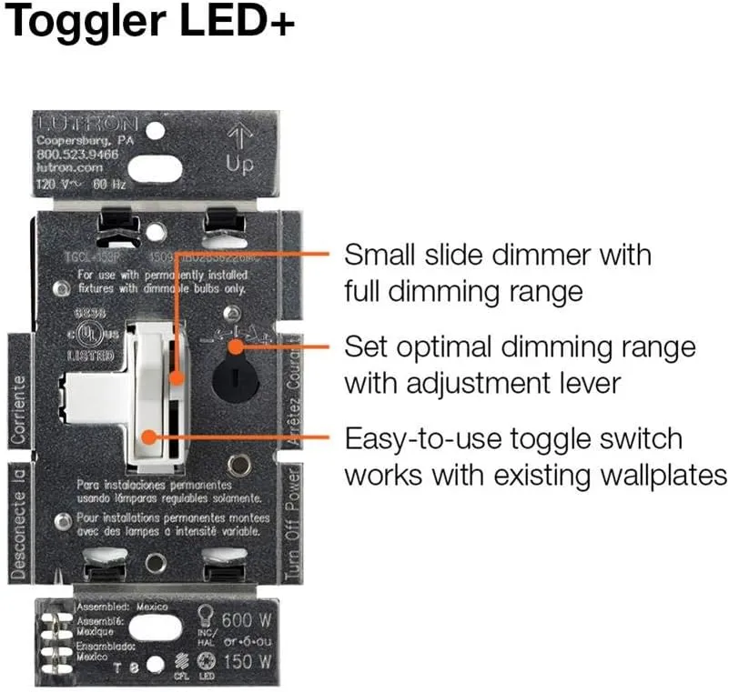 Lutron Ariadni/Toggler LED  Dimmer Switch for Dimmable LED, Halogen and Incandescent Bulbs, 150 Watt, Single-Pole or 3-Way, AYCL-153P-LA, Light Almond