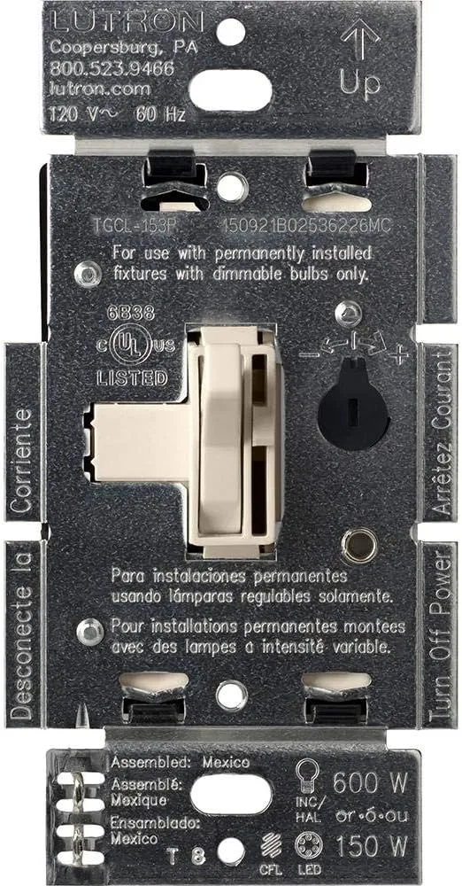 Lutron Ariadni/Toggler LED  Dimmer Switch for Dimmable LED, Halogen and Incandescent Bulbs, 150 Watt, Single-Pole or 3-Way, AYCL-153P-LA, Light Almond