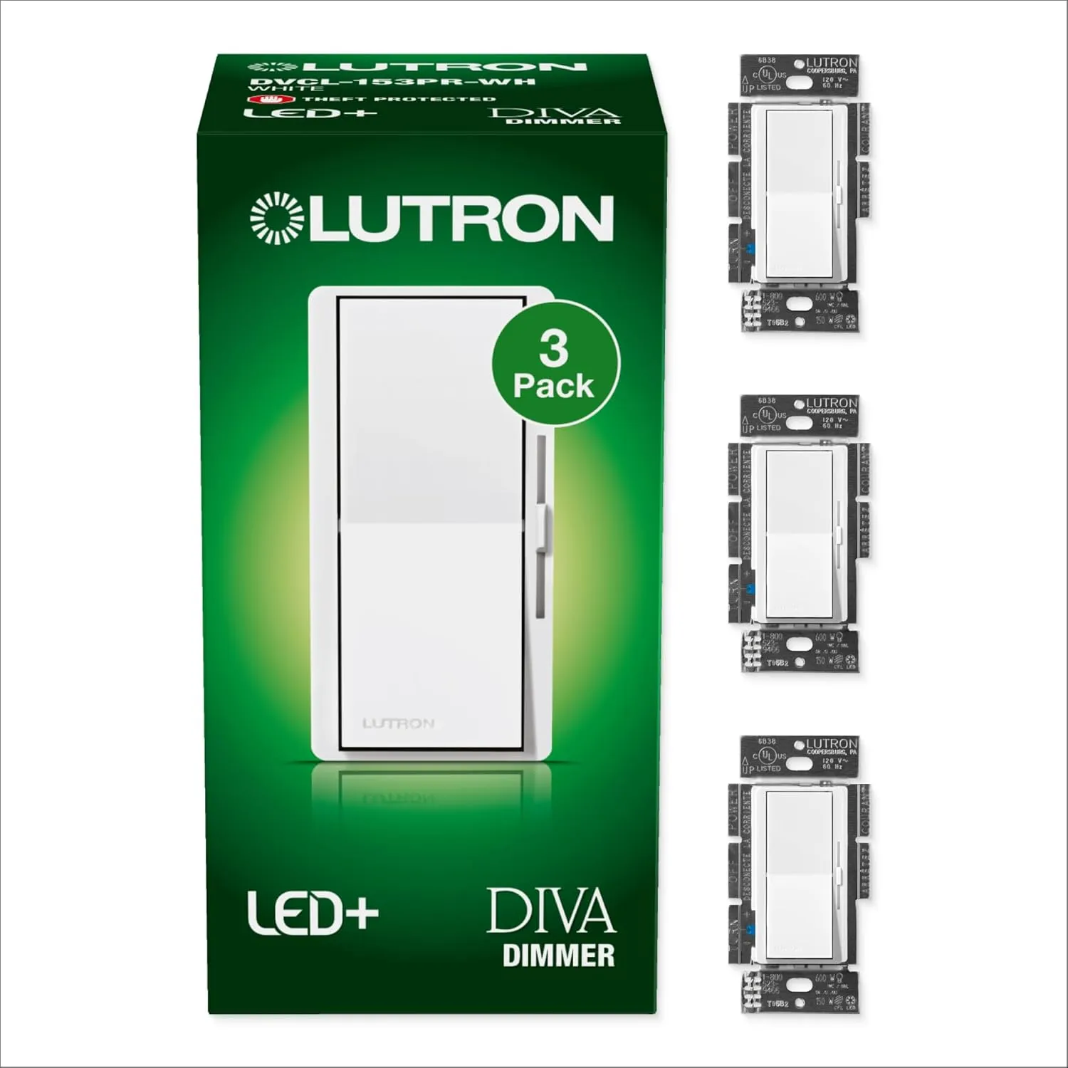 Lutron Diva LED  Dimmer Switch for Dimmable LED, Halogen and Incandescent Bulbs, 150 Watt, Single-Pole or 3-Way, DVCL-153P-WH-3-A, White, 3 Pack